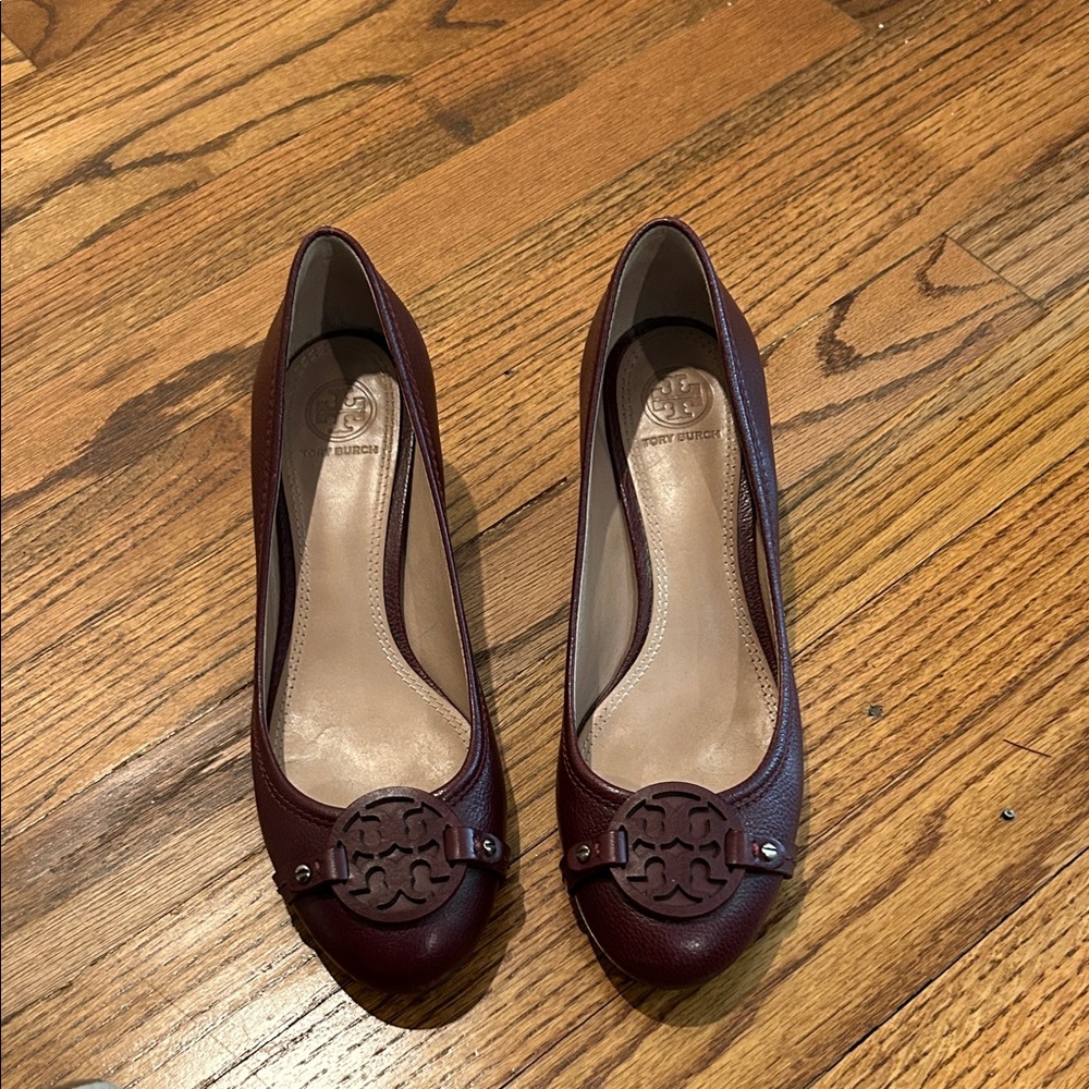 Tory Burch Women's Dark Burgundy Leather Logo Ballet Flats